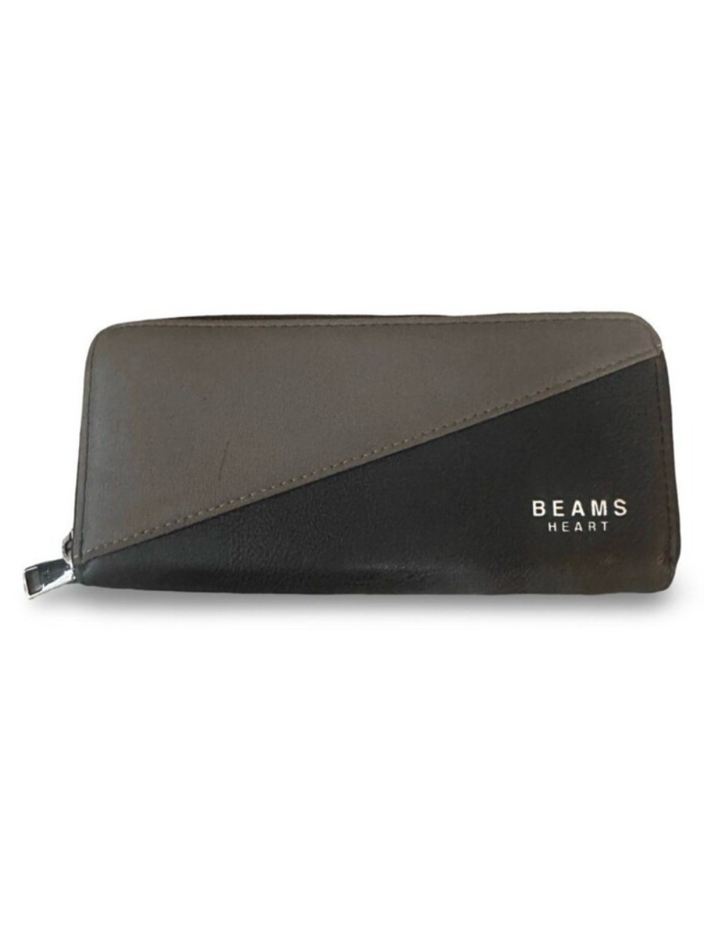 🧡BEAMS HEART Color-Block Faux Leather Long Zip Wallet - Gray/Black